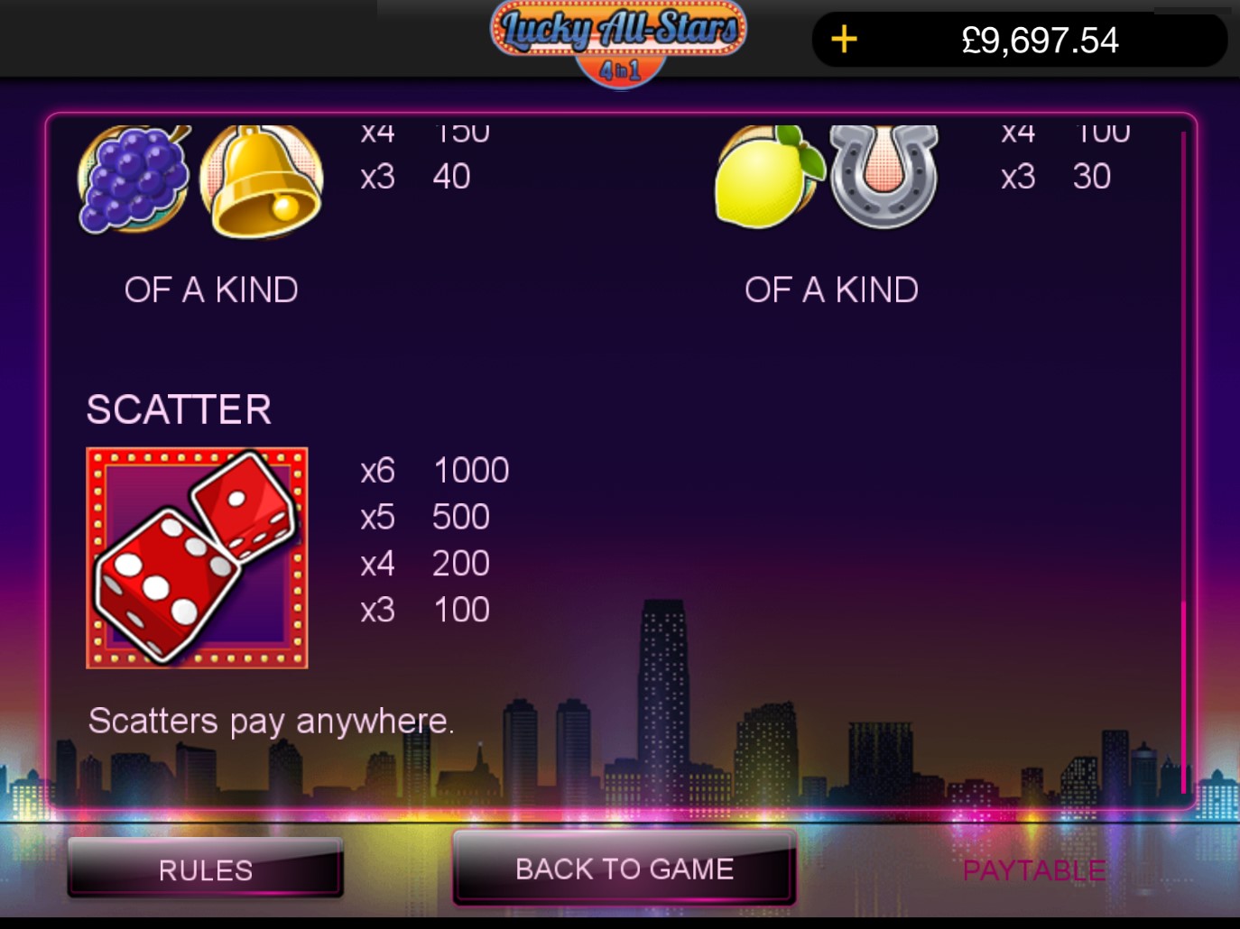 Lucky All-Stars 4 in 1, 4 in 1 casino game.