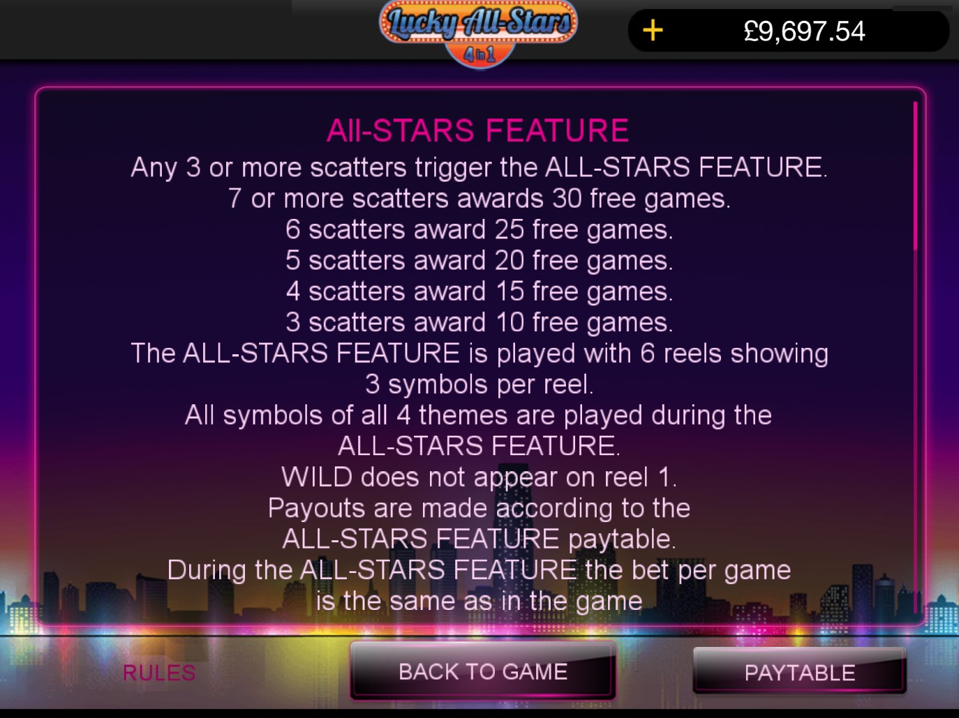 Lucky All-Stars 4 in 1, 4 in 1 casino game.