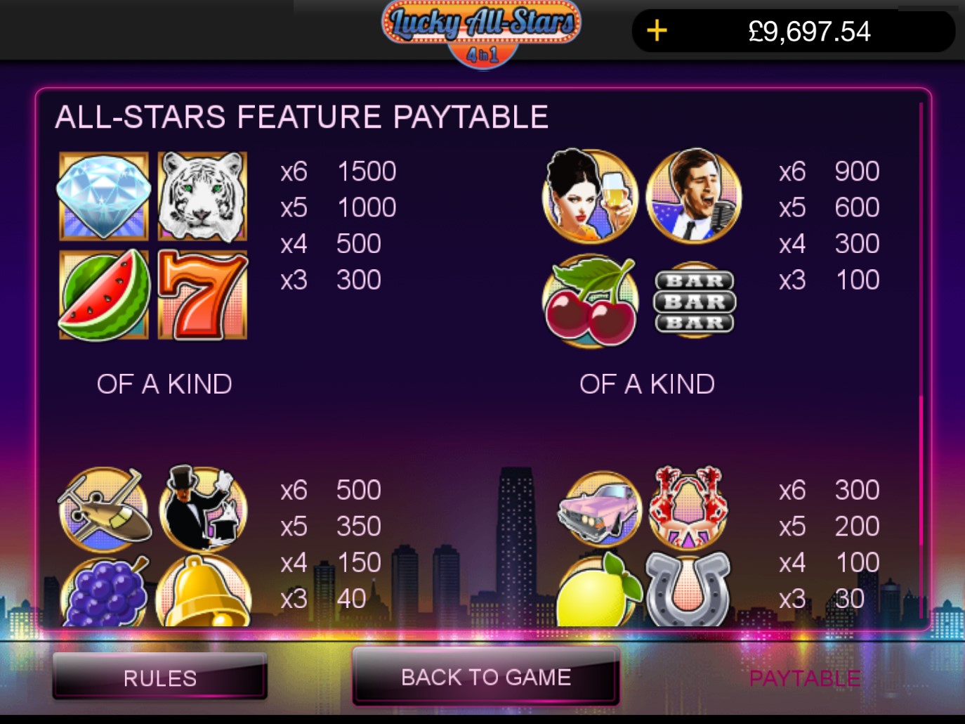 Lucky All-Stars 4 in 1, 4 in 1 casino game.